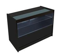 Black Shop Counter LED Light C 1200mm Lockable Sliding Doors 2 Keys Retail Storage Unit Display Showcase Cabinet Reception Desk Clothing Jewellery Store 3 Shelves 2 Glass 1 Enclosed White Lighting