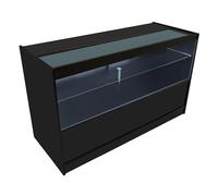 Black Shop Counter LED Light C 1500mm Lockable Sliding Doors 2 Keys Retail Storage Unit Display Showcase Cabinet Reception Desk Clothing Jewellery Store 3 Shelves 2 Glass 1 Enclosed White Lighting