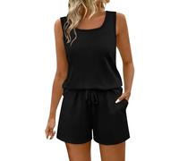 Black Short Tracksuit Set Women Petite Summer 2-Piece Tracksuit Set Sleeveless Square Neck Tank Top & Elastic Waist Shorts Casual Loungewear Outfit for Jogging Walking UK 10
