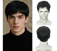 Black Short Wig for Mens Layered Synthetic Natural Handsome Pixie Cut Hair Wig Fluffy Cosplay, Men's Daily Use Costume Party Hair Fancy Dress Easy to Maintain
