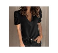 (Black short, XXL) Women Lace Patchwork Blouse Spring Autumn V Neck Short&Long Sleeve Slim Blouse Shirts FYY-5090