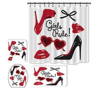 Black Shower Curtains with Rugs Sets,4 Pcs High Heels with Flowers Bathroom Decorations with Toilet Lid Cover Non-Slip Rug Bath Mat and Waterproof Shower Curtain with 12 Hooks, 71 Size Long (White)