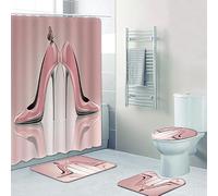 Black Shower Curtains with Rugs Sets,4 Pcs High Heels with Flowers Bathroom Decorations with Toilet Lid Cover Non-Slip Rug Bath Mat and Waterproof Shower Curtain with 12 Hooks, 71 Size Long (Pink)