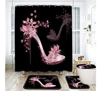 Black Shower Curtains with Rugs Sets,4 Pcs High Heels with Flowers Bathroom Decorations with Toilet Lid Cover Non-Slip Rug Bath Mat and Waterproof Shower Curtain with 12 Hooks, 71 Size Long (Black)