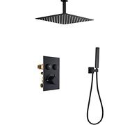 Black Shower System - Ceiling Mounted Rainfall Shower Head & Handheld Faucet Set 16-Inch Rain Mixer Combo for Ultimate Spa Experience Modern Bathroom Upgrade