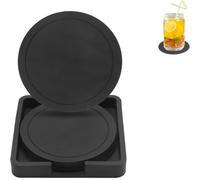 Black Silicone Coaster Set (6-Piece) Includes Silicone Coaster Holder, Non-Slip Heat-Resistant Coasters, Easy-Clean Round Coasters Suitable for Coffee, Tea, Beer, and Home Table Protection