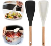 Black Silicone Long Head Cooking & Serving Spoon with Wooden Handles: Multi-Functional Design, Silicone Rounded Spatula for Mixing, Scoop, and Scrape, Great for Stir Frying