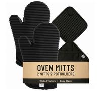 Black Silicone Oven Mitts and Pot Holders Sets | Heat Resistant Silicone Hot Pads & Kitchen Mittens Accessories for Baking | Pair of Oven Gloves & Potholders for Kitchens.