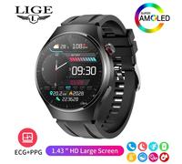 (black, Silicone strap) LIGE New Men Smart Watch ECG+PPG Temperature Detection Heart Rate Health Tracking Smart Bracelet AMOLED 1.43” Full Touch Bluetooth Smart Watch