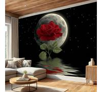 Black Silk Wallpaper 350×256 Cm, Moon, Red Roses Wallpaper, Paper Waterproof Self Adhesive Removable Romantic and Elegant Wall Paper for Bedroom Walls Cabinet Locker