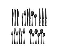 (Black) (Silver 24-piece set) Steak Knife and Fork Set, 24 Piece Stainless Steel Dinner Knife Set