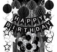 Black Silver Birthday Decorations for Men Women, Recosis Balloons in Black Silver Tones with Happy Birthday Banner, Honeycomb Balls, Star Hanging Swirls, Foil Curtain Décor