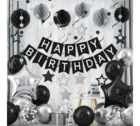 Black Silver Birthday Decorations, Happy Birthday Banner with Black Silver Balloons, Honeycomb Balls, Stars Hanging Swirl Streamers, Circle Dots Garland, Party Decorations for Men Boys