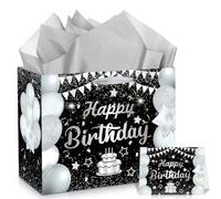 Black Silver Birthday Gift Bag Large Happy Birthday Wrapping Gift Bag with Greeting Card and Tissue Paper for Boys Men Anniversary Party Favors Kids Adult Goodie Wrap Halloween Decoration Supplies