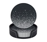 Black Silver Glitter Diamond Sparkly,Round Coasters, Mugs Pad, Cups Mat Set of 6 Leather Drinks Coasters with Holder