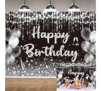 Black Silver Happy Birthday Backdrop Black and Silver Party Decorations Banner Glitter Birthday Balloon Photography Background Men Women Bday Party Supplies (8x6FT（240x180cm）)