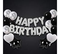 Black Silver Happy Birthday Balloons - 27 Pieces Alphabet Balloon Set with Star & Heart for Men's Party Decorations, Latex & Foil Mix Material