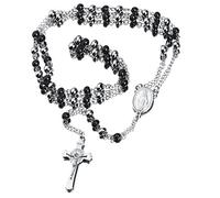 Black Silver Rosary Necklace with Crucifix and Miraculous Medal, 5-Decade Catholic Prayer Beads Chain for Men Women Teens, Our Lady Virgin Mary Rosary Jewelry Gift for Confirmation First Communion