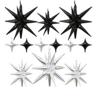 Black Silver Star Balloons 12pcs, One-Piece, 27/22 Inch Foil Star Explosion Balloons, Large Spike Mylar Cone Balloon, Fireworks Shape Balloon Decor for Bachelor Retirement Anniversary Graduation