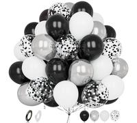 Black Silver White Balloons, 60 pcs 12 Inch Matte White Black Metallic Silver Confetti Latex Balloons with Ribbon for Men Women Birthday Baby Shower Wedding Graduation Anniversary Party Decoration
