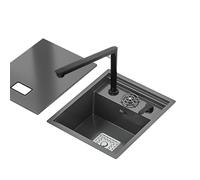Black Single Bowl Kitchen Bar Space-Saving Invisible Sink RV Single Bowl with Cover Small Embedded Siphon Sink Stainless Steel Multi-Function Faucet(1)