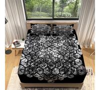 Black Single Fitted Sheet Bicycle Geometry Printed Bed Sheets with Pillow Cases - 30cm Deep Fitted Sheet 90x190 Hypoallergenic Microfiber Easy Care No Color Fade