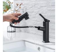 Black Single Hole Bathroom Faucet with Pull Down Sprayer 3 Water Flow Modes Sink Faucet for Bathroom Vanity & RV 28.8cm/11.3in - Modern & Stylish Design