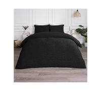 (Black, Single) OHS Quilted Seersucker Duvet Set Geo Filled Plush Plump Warm Soft Cosy Duvet Cover With Pillowcase Bedding Set Single Double King Super King