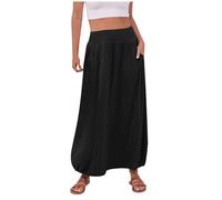 Black Skirts for Women UK Hippie Boho Dkirts with Pockets Summer Casual Long Length Maxi Ladies Elastic Waist Gypsy Skirt Silk A Line Midi Bubble Cargo Skirt Loose Fit S