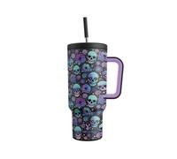 (Black Skull, 40oz) 【Meoky】40oz Holiday Straw Handle Cup, 1/2 Counts Cup, Leak-proof Cup Lid, Silicone Handle, Non-slip Noise Reduction Pad At The Bottom,