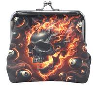 Black Skull Flame Cool Women Cute Coin Purse Leather Kiss Lock Buckle Change Pouch Coin Wallet, 4.53" x 4.13" / 11.5 x 10.5 CM