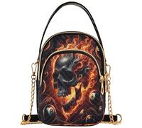 Black Skull Flame Cool Women's Shoulder Purses Trendy Cell Phone Purse Chain Strap Quilted Zipper Designer Bowler Tote, 5.91x3.15x8.27inches