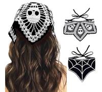Black Skull Headbands Crochet Bandanas Headband Spider Gothic Head Scarf Halloween Hair Accessories for Women 2Pcs(Style A)