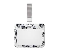 Black Skull Pattern on White Background ID Badge Holder with Lanyard ID Card Holders Waterproof Plastic Name Card Case Sliding ID Protector Pouch Name Tag Holders for Office Work Business