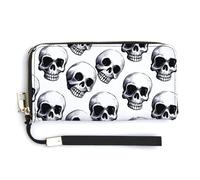 Black Skull Pattern on White Background Wristlet Wallet for Women Large Clutch Cash Long Wallet with Zipper Checkbook Clutch Purse