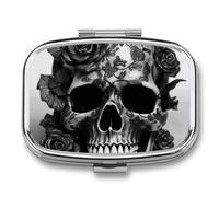 Black Skull Rose Pill Box 2 Compartment, Portable Pill Case with Mirror for Pocket Purse Travel, Mini Metal Medicine Organizer for Vitamins Fish Oil