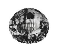 Black Skull Rose Print Shower Cap for Women & Men - Reusable, Double Layer, Breathable, Hair Bath Cap L