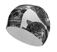 Black Skull Rose Swim Cap for Adult, Elastic Fabric Swimming Cap, Comfortable Bathing Cap for Long & Short Hair