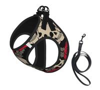 Black Skull With Roses Print Dog Harness Small Sized And Leash Set, Step In Soft Light Puppy Vest Breathable Mesh Pet Harness
