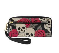 Black Skull with Roses Print Pencil Case Makeup Bag for Girls Students Cosmetic Pouch for School Office Travel