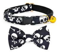 Black Skulls and Crossbones Cat Bowtie with Collar, Breakaway Safety Kitten Collar, Scary Halloween, Cat Accessories, XXS (6" - 10")