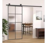 Black Sliding Door, 90x205 cm Aluminium Frame with 5mm ESG Frosted Safety Glass, Space-Saving Interior Exterior Room Divider, Anti-Rust Powder Coated