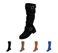 Black Slouchy Pull on Knee High Boots for Women Low Heel,Faux Suede Knee Length Slouch Boots with 2 Buckle Footwear Gift UK 5