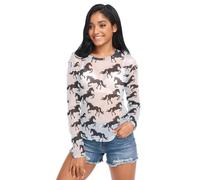 Black Small Horses Women Mesh Sheer T Shirt, Mesh Tops See Through Shirts Long Sleeve Sheer Clubwear