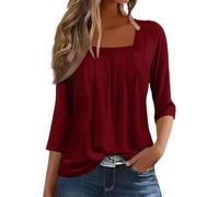 Black Smart Top Women A Solid Color T Shirt with A Square Neck for Ladies A Casual Pleated Loose and Flowing Three Quarter Sleeve Top Short Size 8 Tops Women Burgundy Long Sleeve