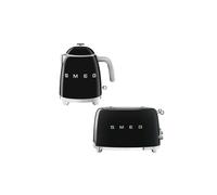 (Black) Smeg KLF05 Retro 50's Style Small Mini Kettle 0.8L & TSF03 Retro 4-Slice Toaster Set