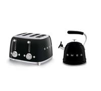 Smeg WKF01, TSF03 Whistling Stovetop Kettle & 4-Slice Toaster Set in Black