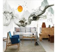 Black Smoke Mountain Birds Sunrise Modern 3D Wallpaper Premium Textured Silk Neutral Tones Material Ideal for Living Room Bedroom-300cm×210cm