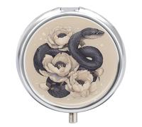 Black Snake and Flower Pill Box 3 Compartment Travel Pill Organizer 3 Times A Day Cute Mini Pill Case for Purse & Pocket Portable Metal Medicine Box with Mirror Round Daily Medicine Vitamin Container