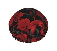 Black Snake Red Flower Print Shower Caps for Women, Reusable Double Layers Elastic Band Long Hair Bath Caps for Shower